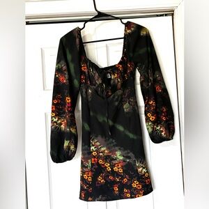 Urban Outfitters Black Floral Long Sleeve Midi Dress with Green Accents